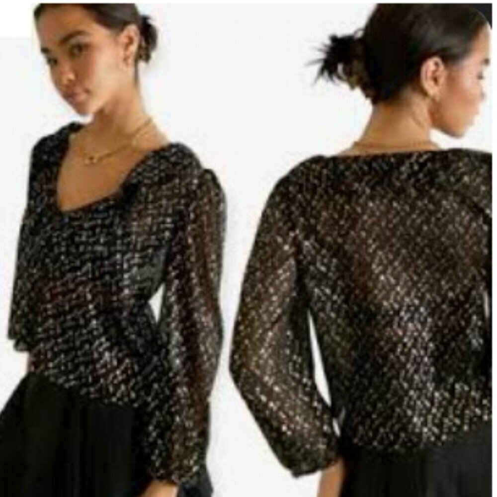 Sunday Best Black Blouse with Gold Speckles S/M Fit V-Neck Balloon Sleeve
